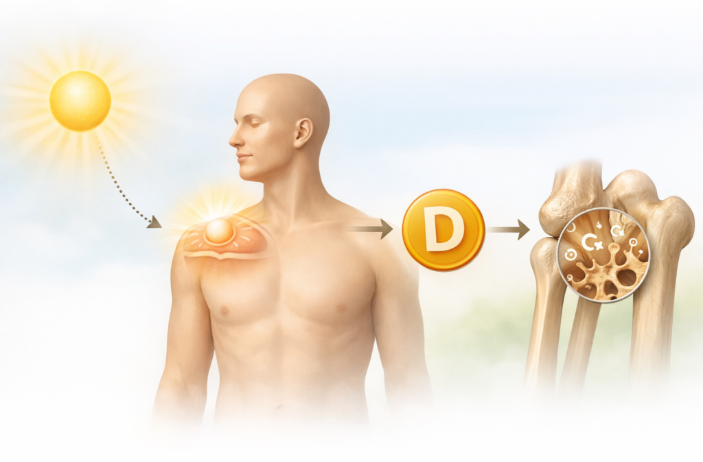 Ilustración sobre la relación entre la vitamina D, el sol y la salud ósea